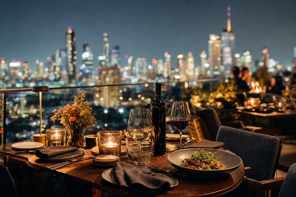 Gedekte tafel op een dak boven een stad bij nacht, met kaarsen, wijnglazen en een verlichte skyline (met AI gemaakte afbeelding)