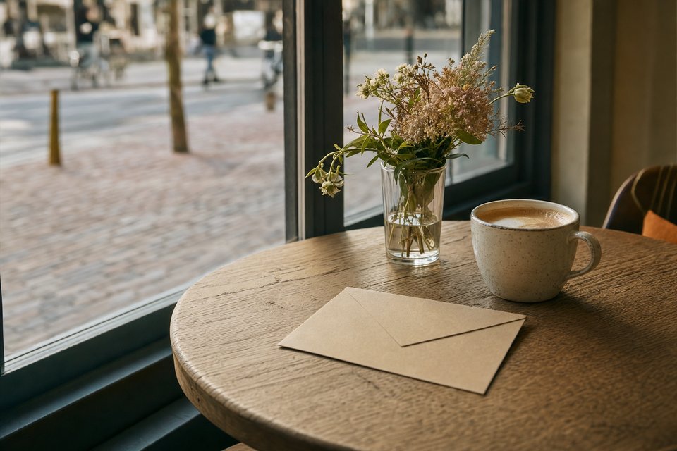 Cafétafel bij het raam met een kop koffie, een gesloten envelop en een takje bloemen in een glas (met AI gemaakte afbeelding)