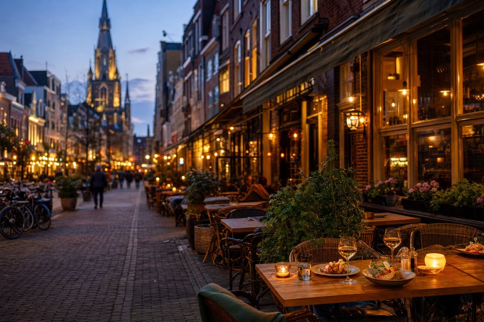 Avondlijke winkelstraat vol restaurants met terrassen, kaarsen, fietsen en in de verte een kerktoren (met AI gemaakte afbeelding)