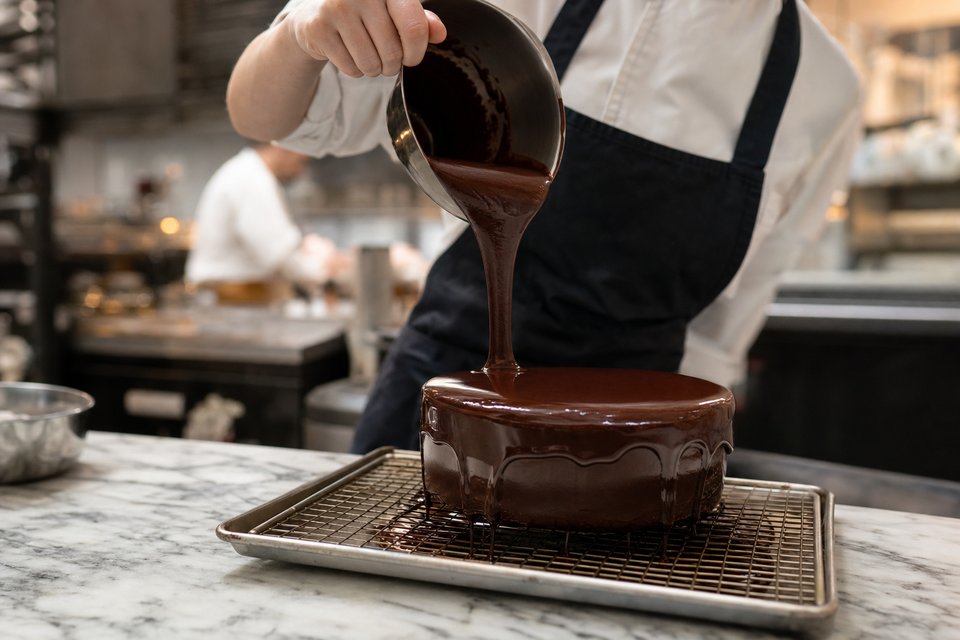 Glanzende donkere chocoladeganache wordt over een ronde taart op een rooster gegoten en loopt langs de zijkanten (met AI gemaakte afbeelding)