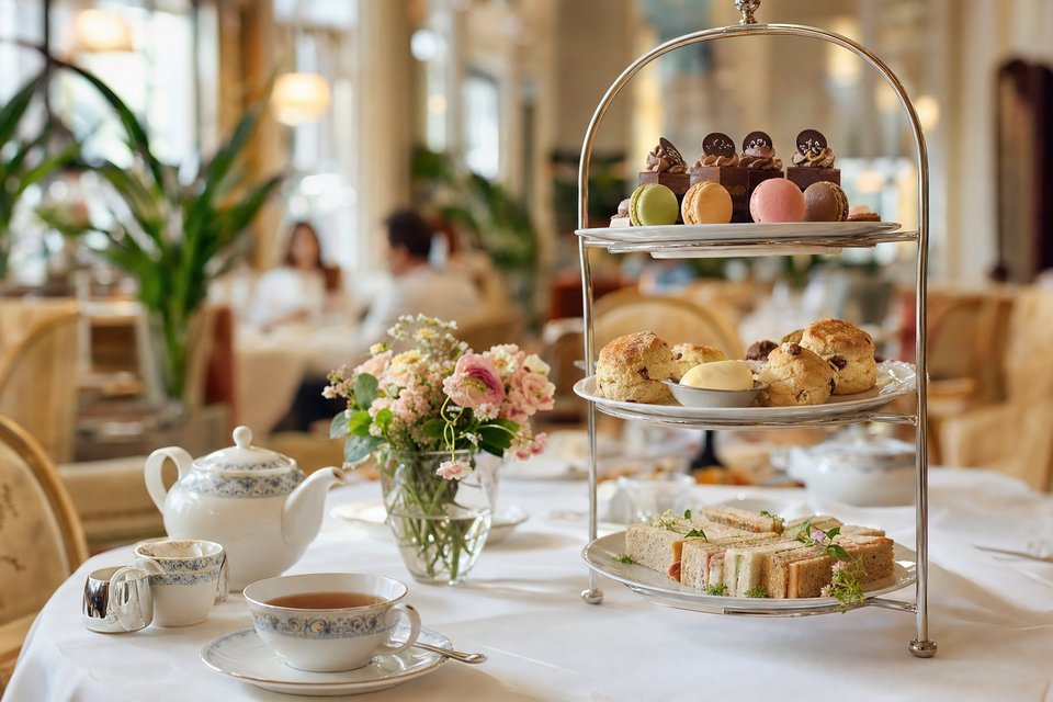 High tea met een etagère vol sandwiches, scones, macarons en petit fours, een porseleinen theepot en kopjes op een wit tafelkleed (met AI gemaakte afbeelding)