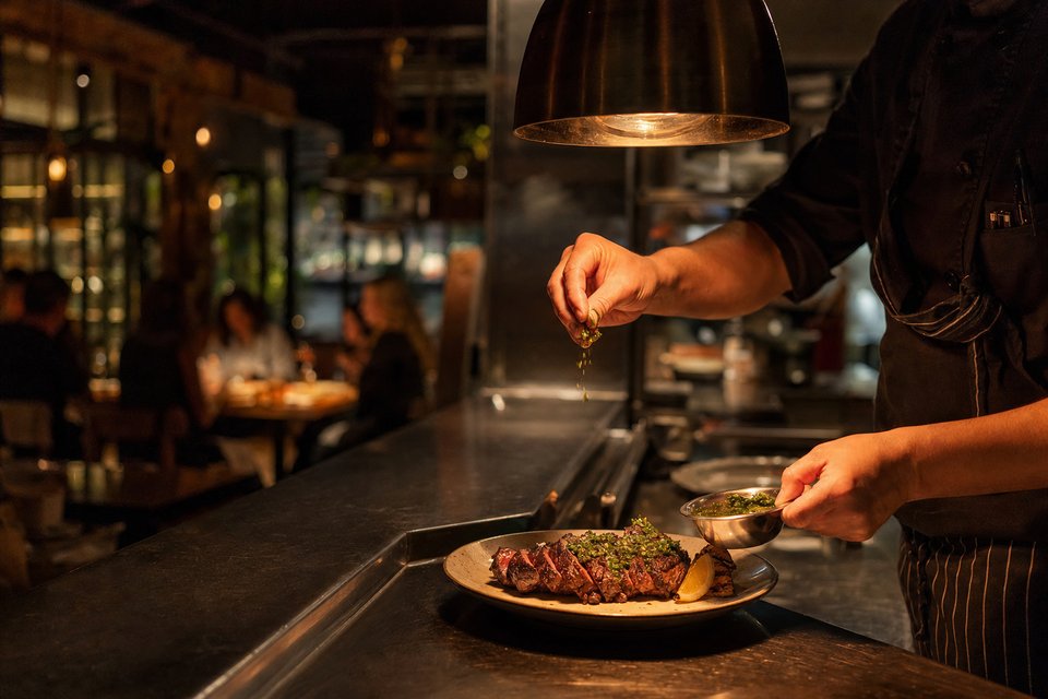 Open keuken bij een restaurantbar laat op de avond, een kok maakt een bord met gegrilde steak en chimichurri af onder een warmtelamp (met AI gemaakte afbeelding)