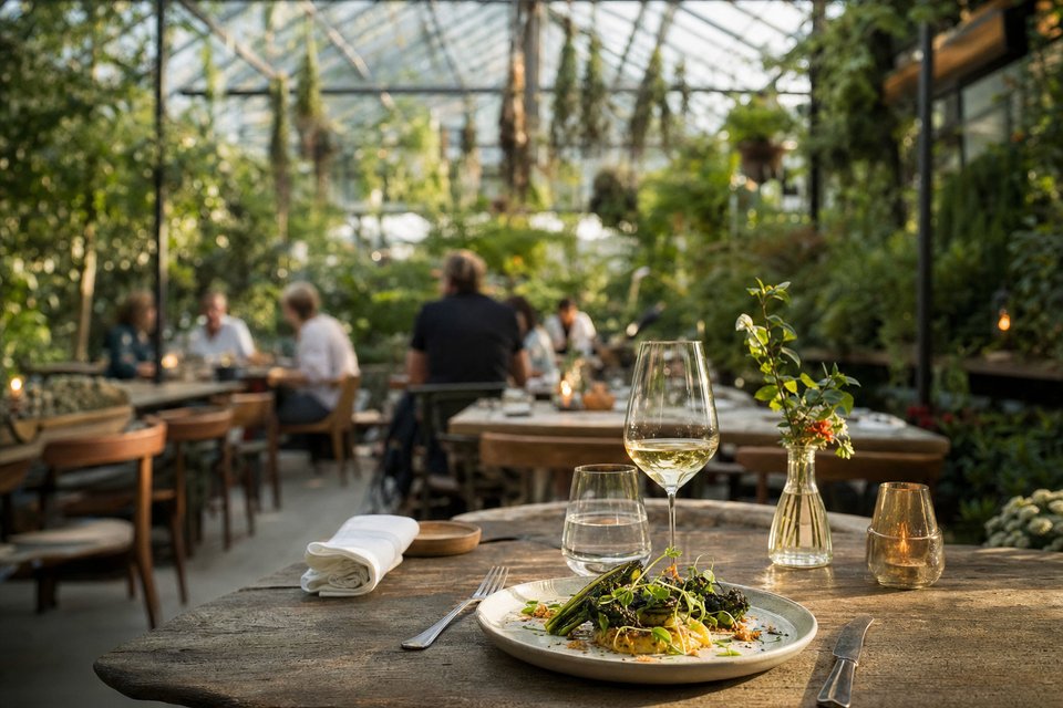 Restaurant in een grote glazen kas met planten en hangende kruiden, tafels tussen het groen in zacht daglicht (met AI gemaakte afbeelding)