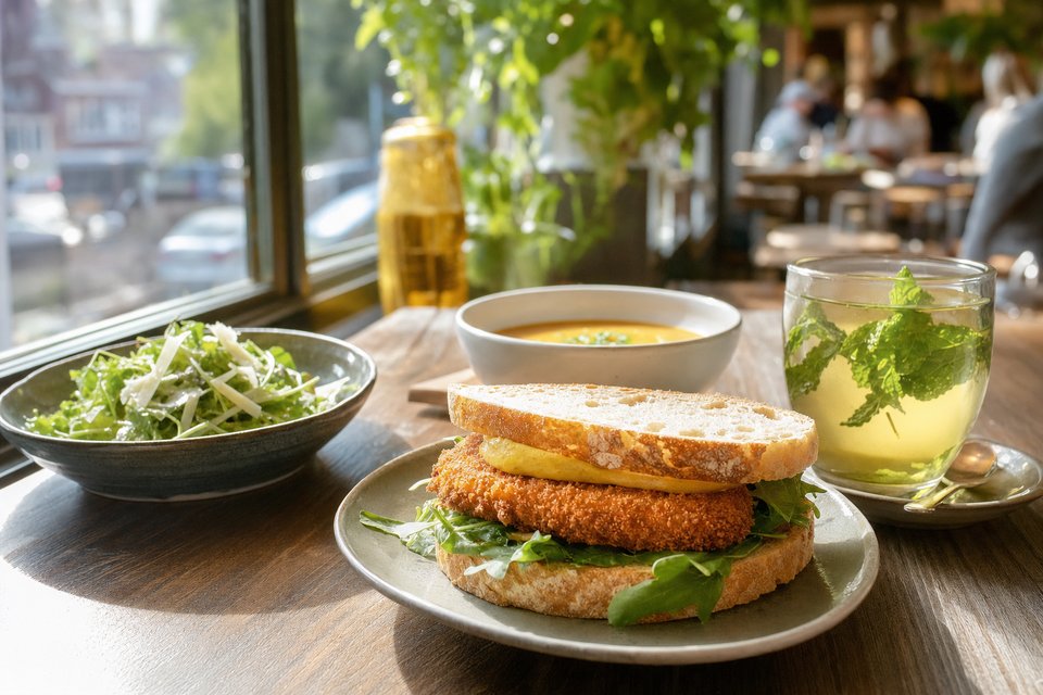 Lunchtafel bij het raam met een broodje kroket met mosterd, een groene salade, soep en verse muntthee (met AI gemaakte afbeelding)