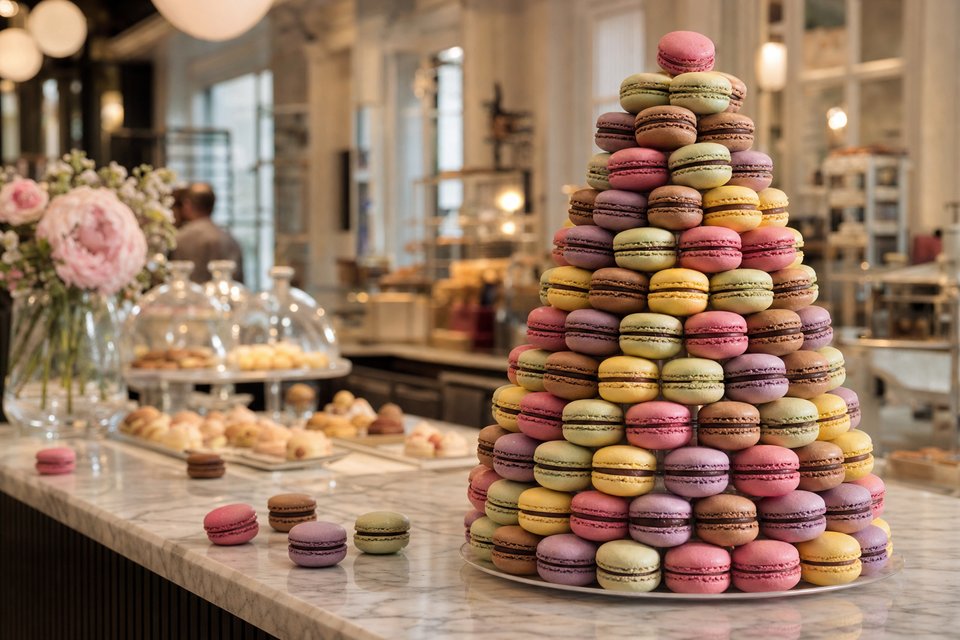 Hoge piramide van pastelkleurige macarons op een marmeren toonbank, framboos, pistache, citroen, lavendel en chocolade (met AI gemaakte afbeelding)