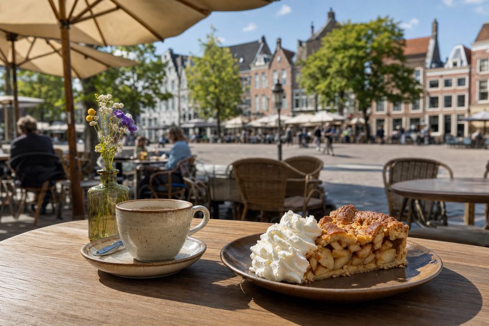 Zonnig plein met caféterrassen onder parasols, op de voorgrond koffie en appeltaart met slagroom (met AI gemaakte afbeelding)