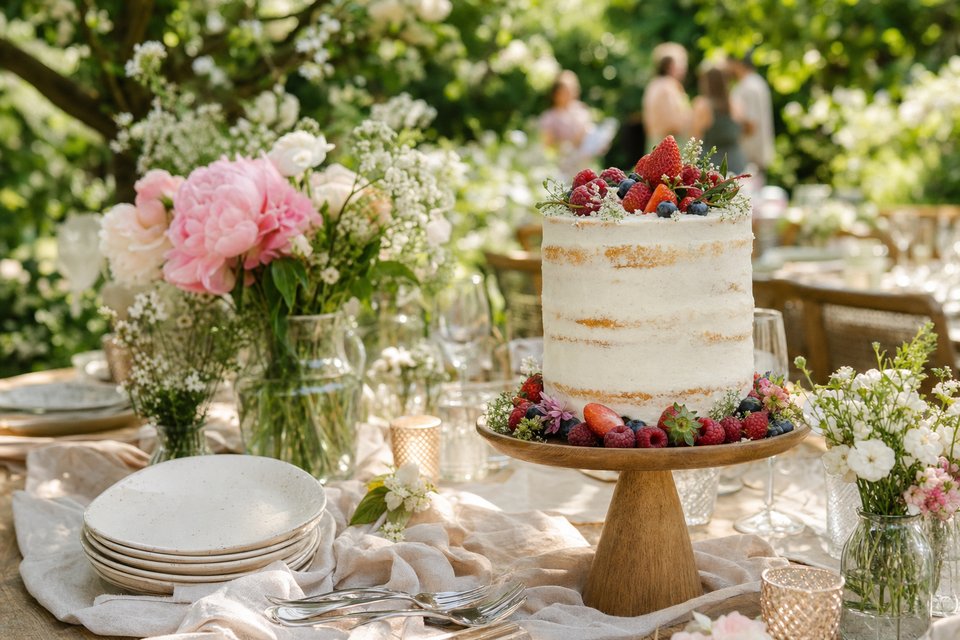 Hoge naked cake met dun afgestreken botercrème en verse bessen op een houten standaard aan een verjaardagstafel in de tuin (met AI gemaakte afbeelding)