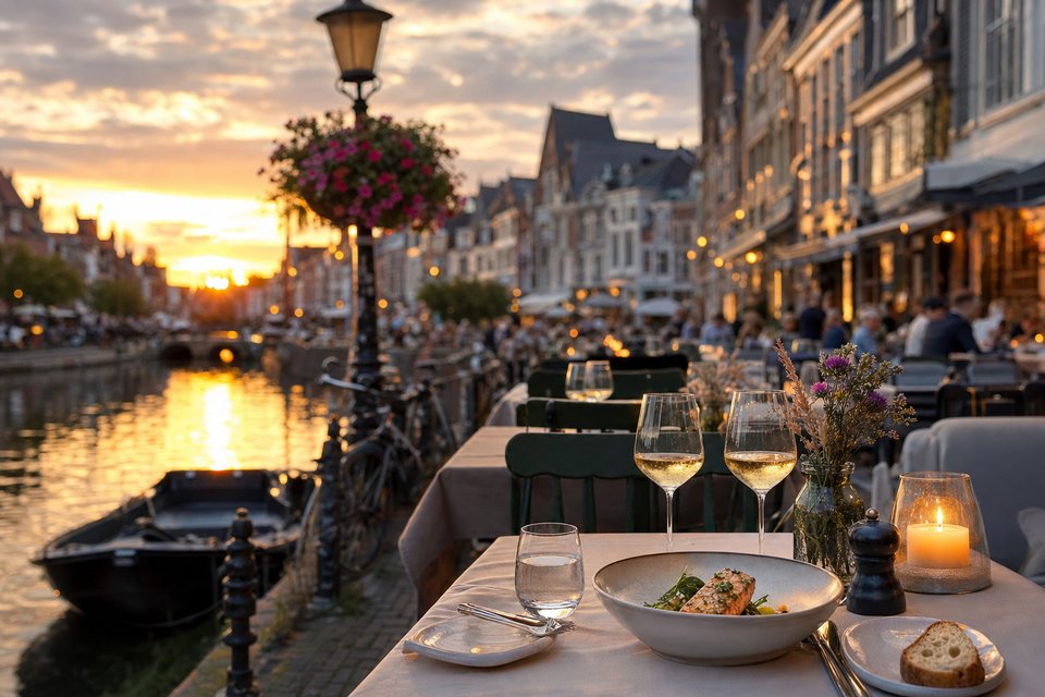 Terras langs een gracht bij zonsondergang, met tafels aan het water, fietsen, een aangemeerde boot en verlichte trapgevels (met AI gemaakte afbeelding)