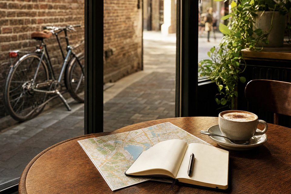 Cafétafeltje bij het raam met een notitieboek, een stadsplattegrond en een cappuccino, buiten een fiets tegen een bakstenen muur (met AI gemaakte afbeelding)
