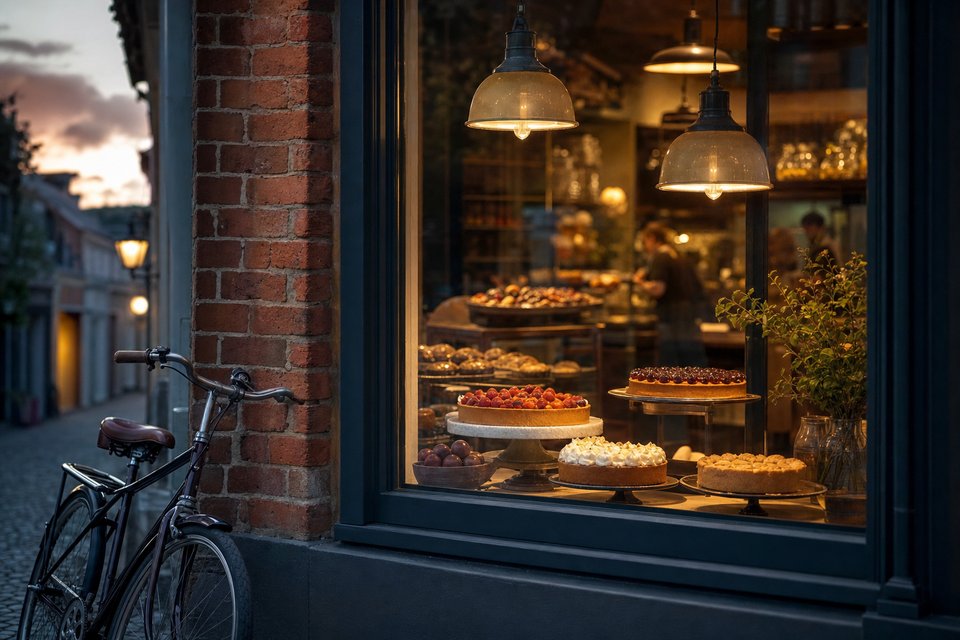 Etalage van een kleine buurtpatisserie in de schemering, warm licht binnen, taarten in de vitrine en een fiets tegen de gevel (met AI gemaakte afbeelding)