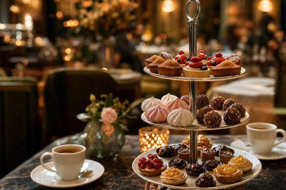Etagère met petit fours en mignardises na het diner, financiers, mini-tartelettes, meringues en truffels, met koffiekopjes (met AI gemaakte afbeelding)