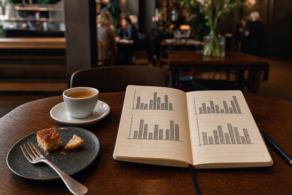 Tafel van bovenaf met een opengeslagen notitieboek vol handgetekende staafdiagrammen, een espresso en een dessertbordje (met AI gemaakte afbeelding)