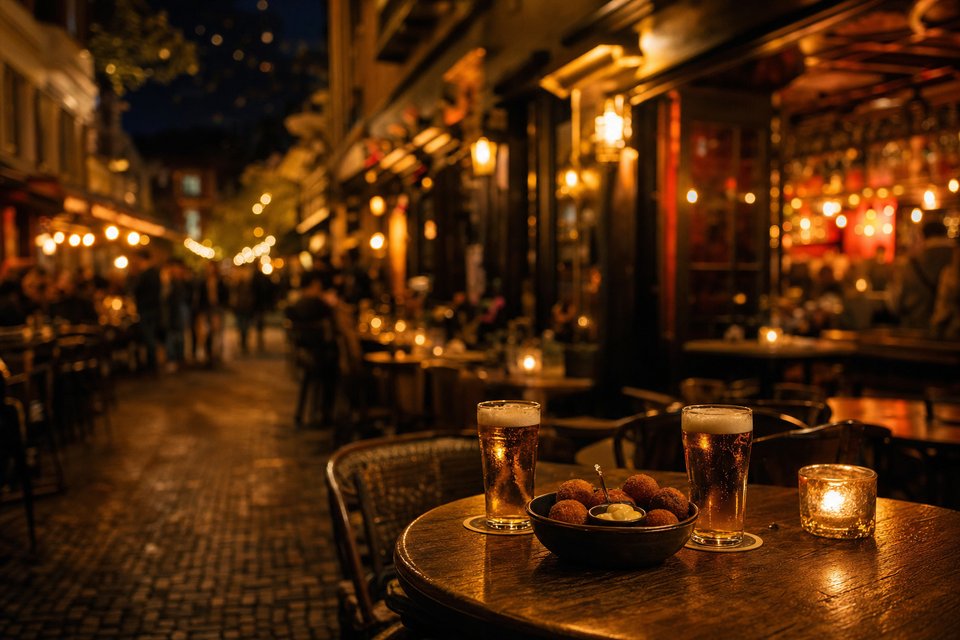 Lange cafestraat bij nacht vol barterrassen, op de voorgrond twee biertjes en bitterballen (met AI gemaakte afbeelding)