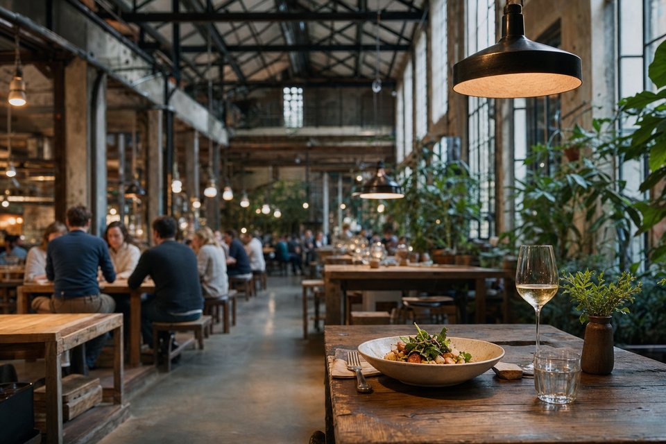 Restaurant in een oude fabriekshal met stalen spanten, beton, lange tafels en planten onder warme hanglampen (met AI gemaakte afbeelding)