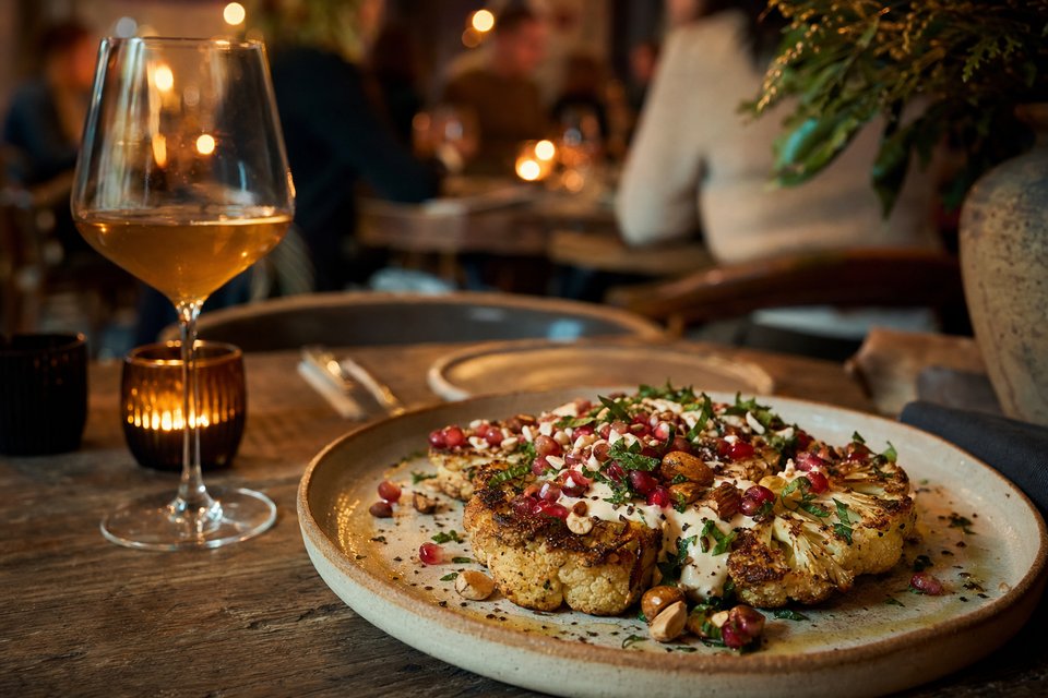 Plantaardig gerecht van geroosterde bloemkool met tahin, granaatappel, kruiden en noten, met een glas wijn bij kaarslicht (met AI gemaakte afbeelding)
