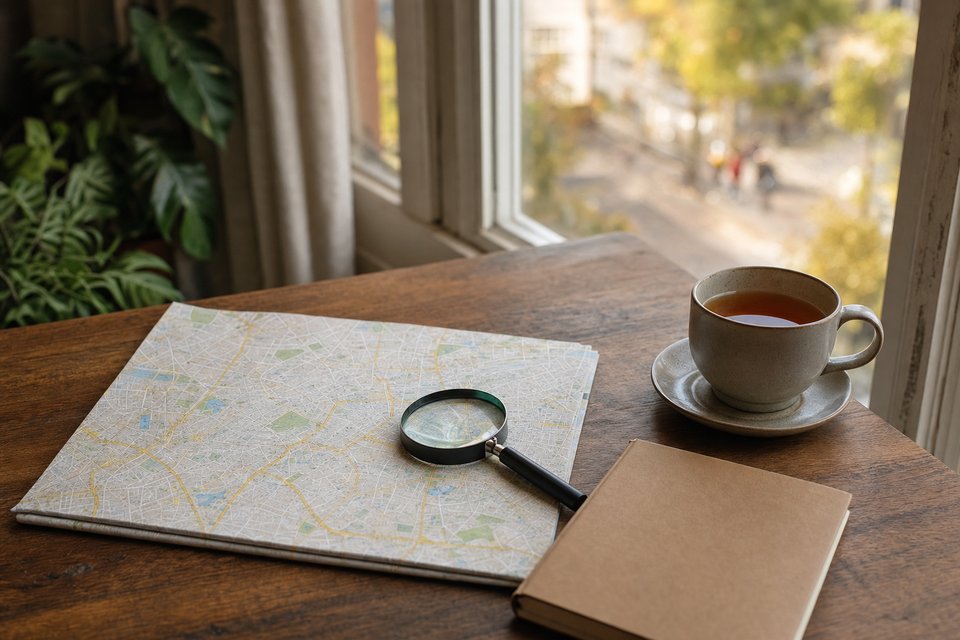 Opgeruimd bureau bij het raam met een opgevouwen plattegrond, een vergrootglas, een notitieboek en een kop thee (met AI gemaakte afbeelding)