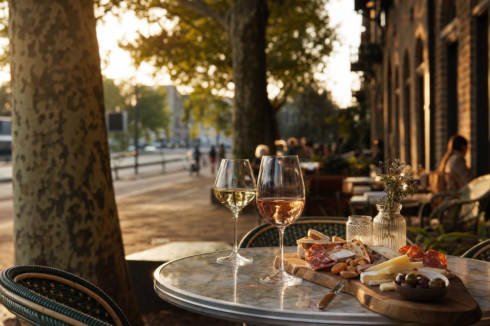 Wijnterras in het gouden uur met glazen rosé en witte wijn en een plank met vleeswaren en kaas op een marmeren tafeltje (met AI gemaakte afbeelding)