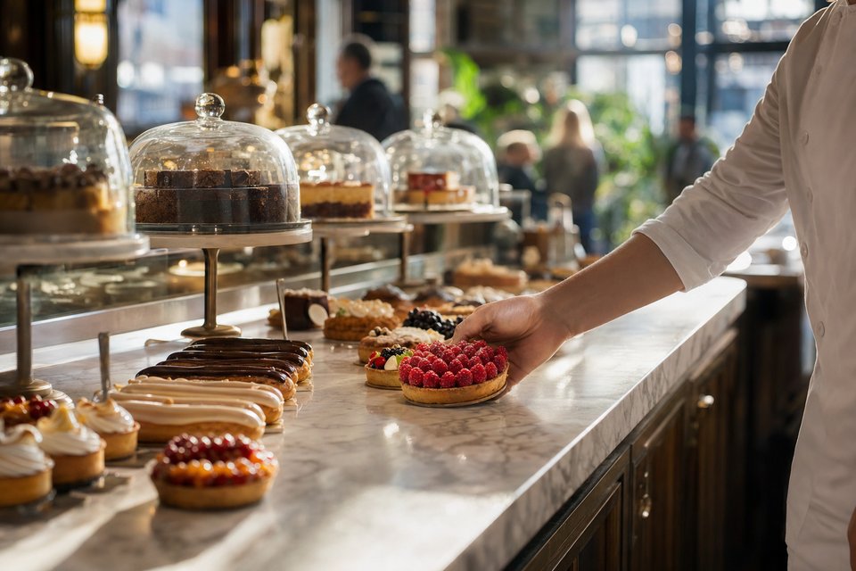 Patisserietoonbank met glazen stolpen over taarten, rijen eclairs en tartelettes, een hand zet een frambozentaart neer (met AI gemaakte afbeelding)